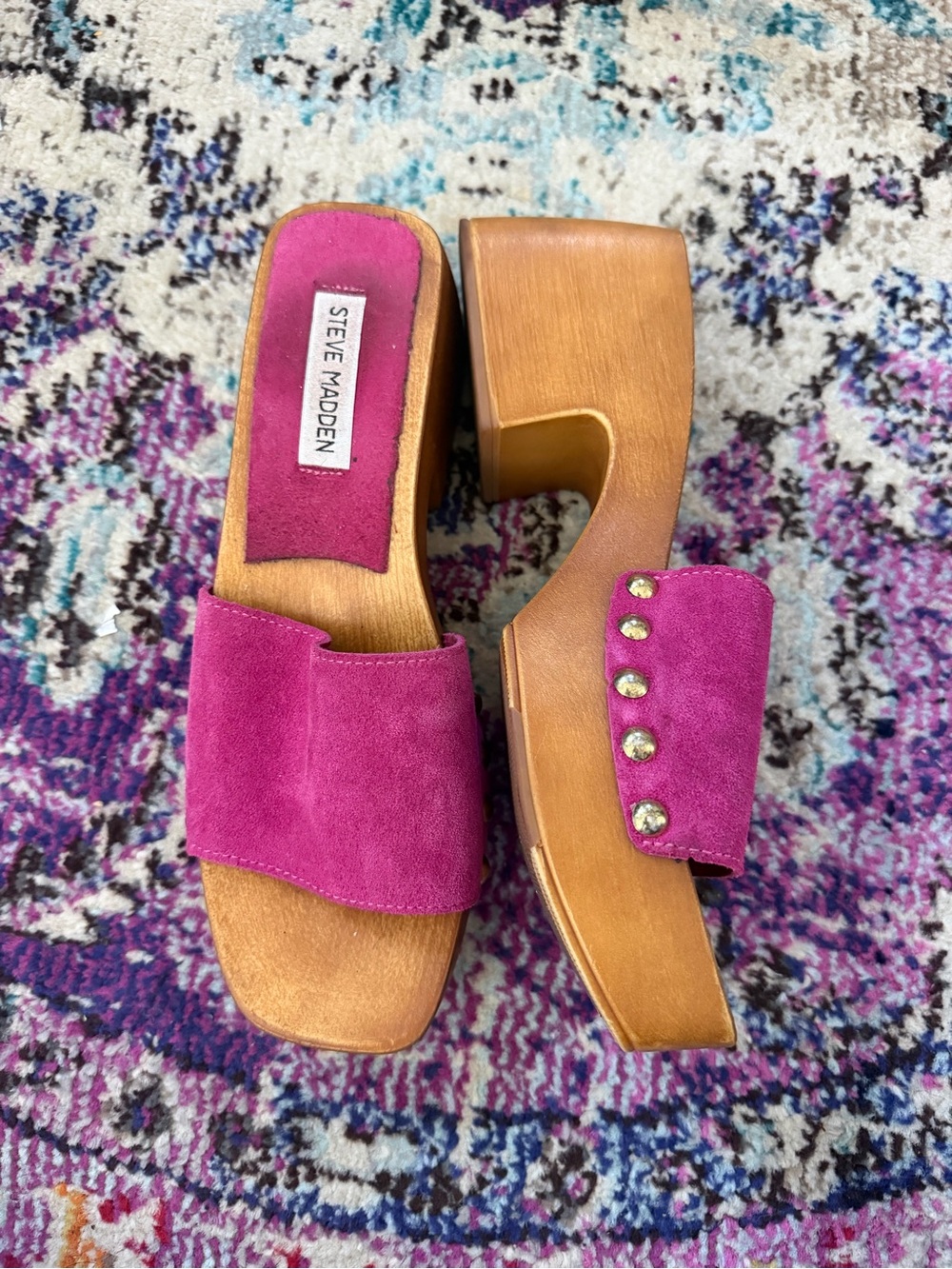 Steve Madden Fuchsia Suede Wooden Platform Sandals